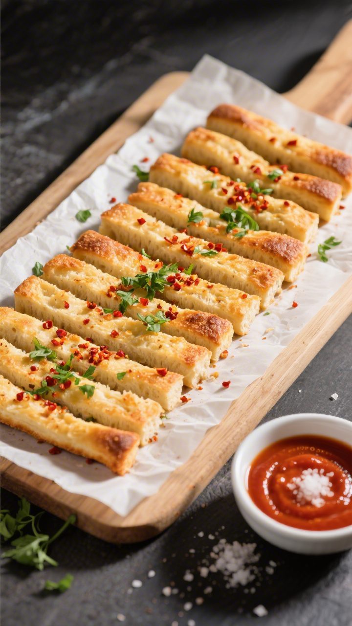 Overhead “tasty top view” shot: Rectangular sheet of baked garlic breadsticks sliced into even s