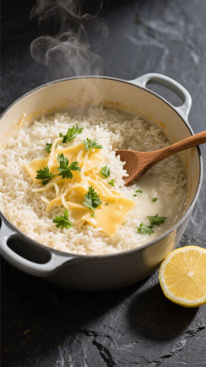 Overhead “tasty top view”: Top-down shot of a one-pot creamy rice just off the heat—surface sm