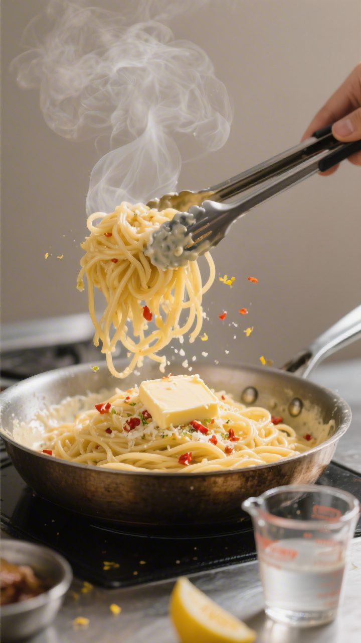 Process moment: spaghetti just after the cheese addition in the pan, captured mid-toss with tongs re
