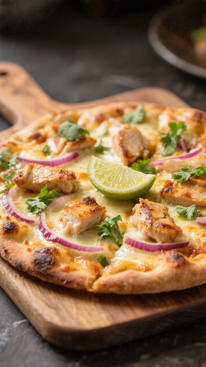 Process-to-serve scene, 3/4 angle: Assembled flatbread on a wooden peel moments before serving—che