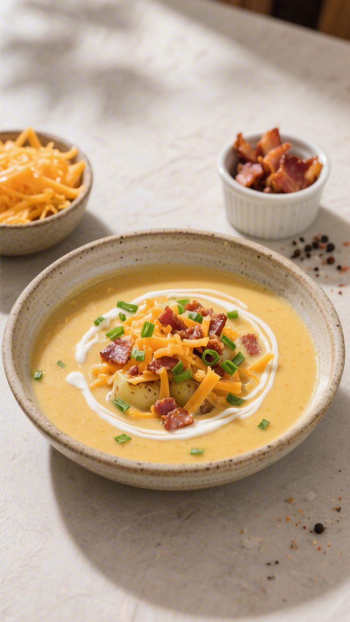 Tasty loaded baked potato vibe: Overhead shot of a hearty serving of creamy potato soup in a wide, s