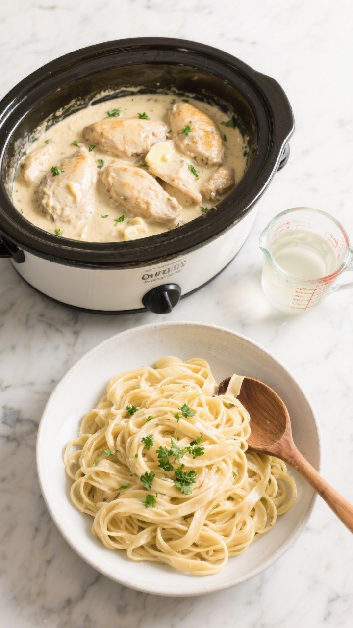 Tasty overhead serving moment: Top-down shot of a family-style serving—crockpot of finished creamy