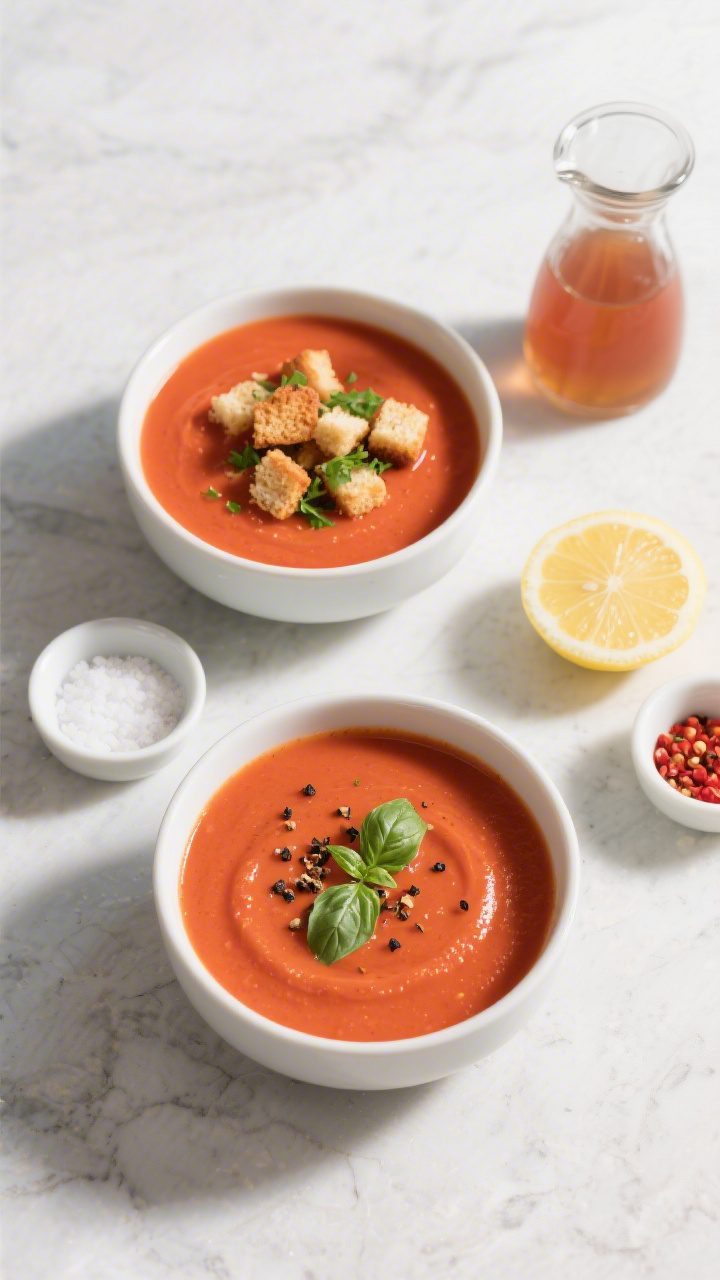 Tasty : Overhead shot of two bowls of creamy tomato soup showcasing rich, uniform coral-red color an