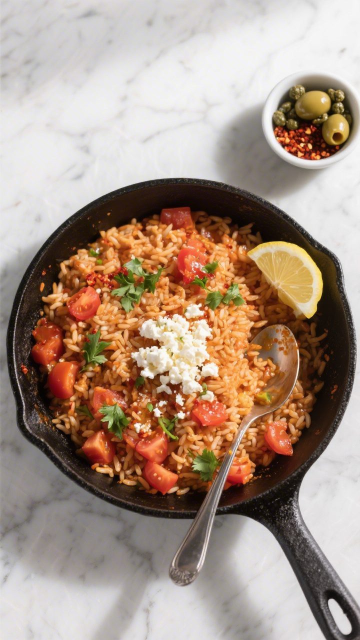 Tasty top-down family-style: Overhead shot of the finished tomato rice served straight in the black