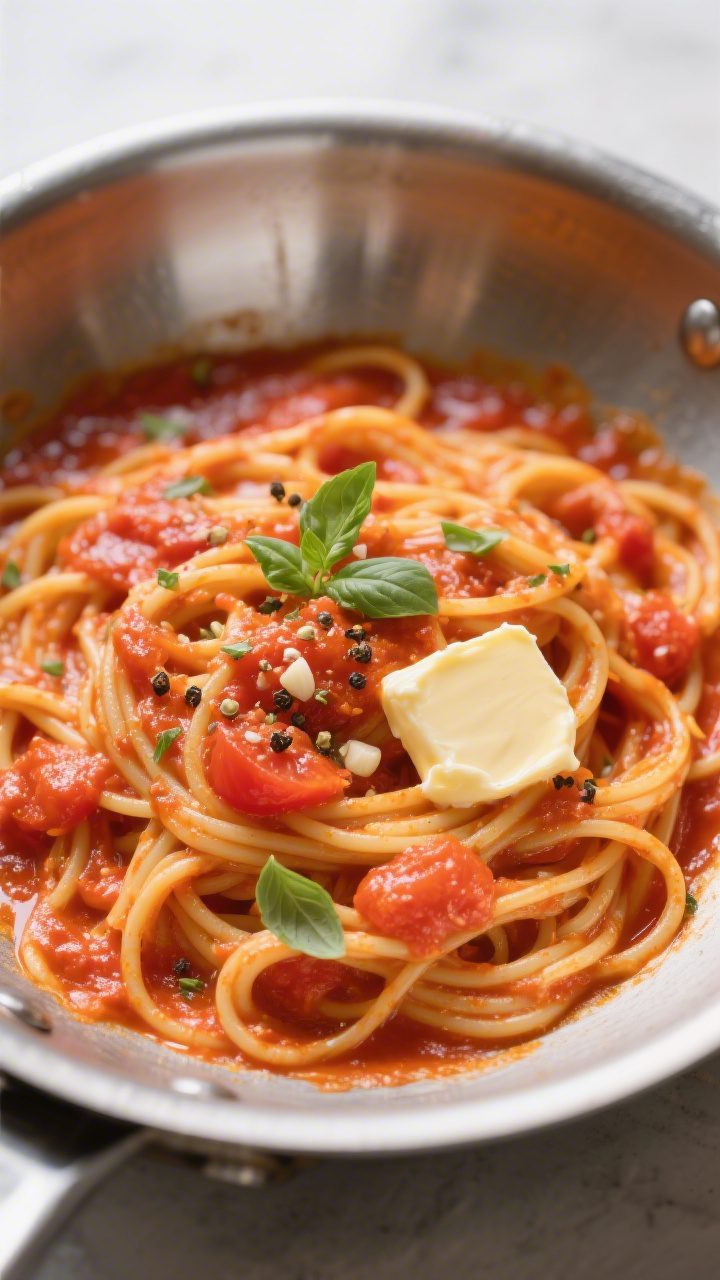 Tasty top-down serving moment: Overhead shot of linguine coated in rich, emulsified tomato-garlic sa