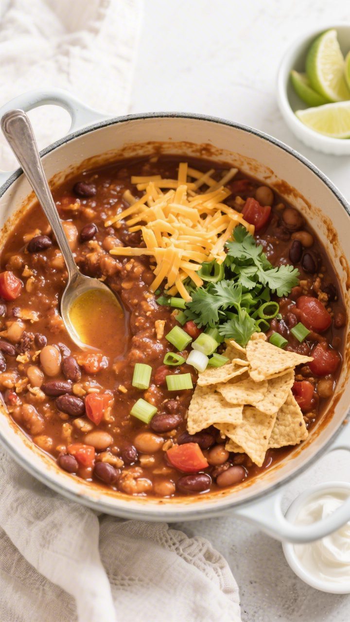 Tasty top view, final pot: Overhead shot of the finished one-pot chili, thick and hearty, in a wide