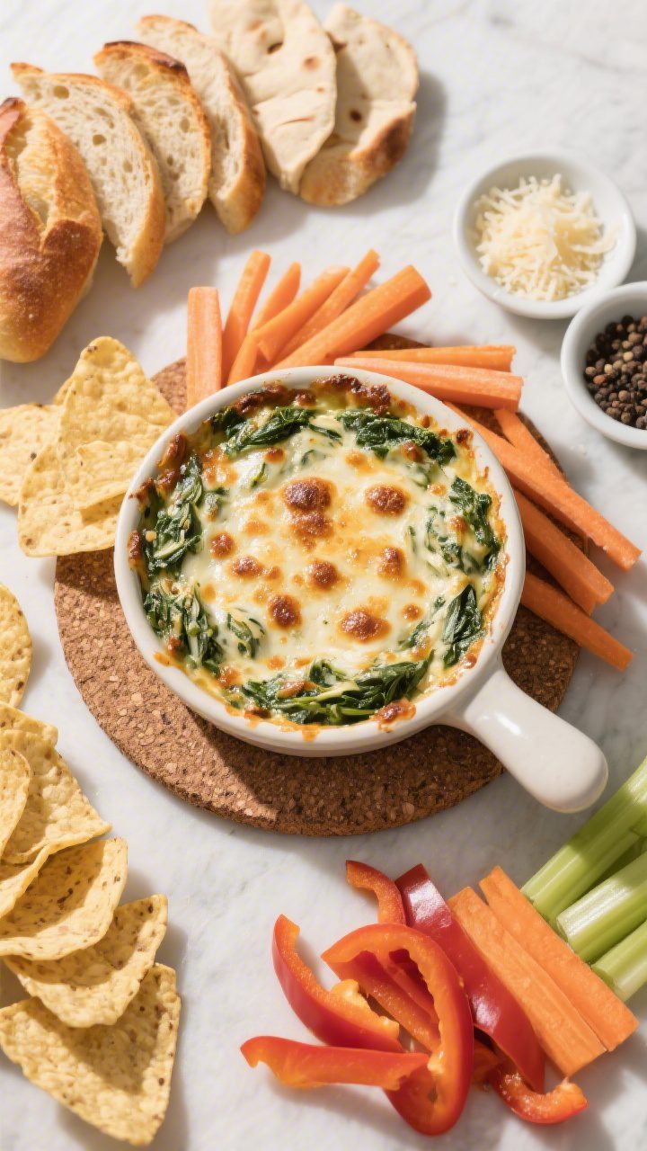 Tasty top view final presentation: overhead shot of the finished spinach artichoke dip on a trivet,