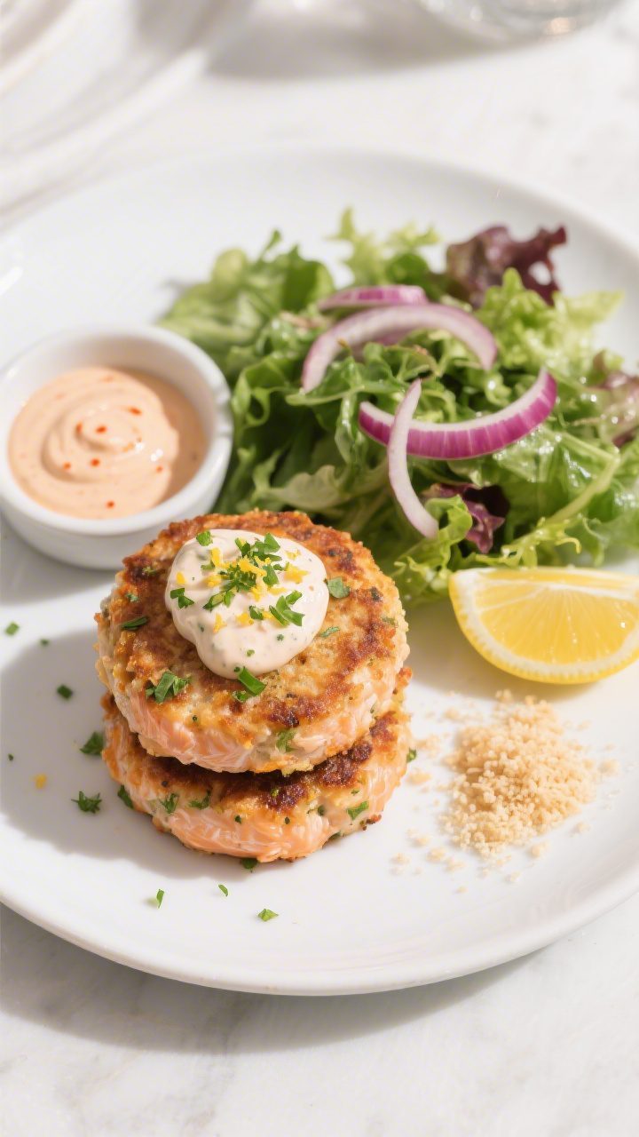 Tasty top-view final presentation: Overhead shot of a plated meal—two salmon patties stacked sligh