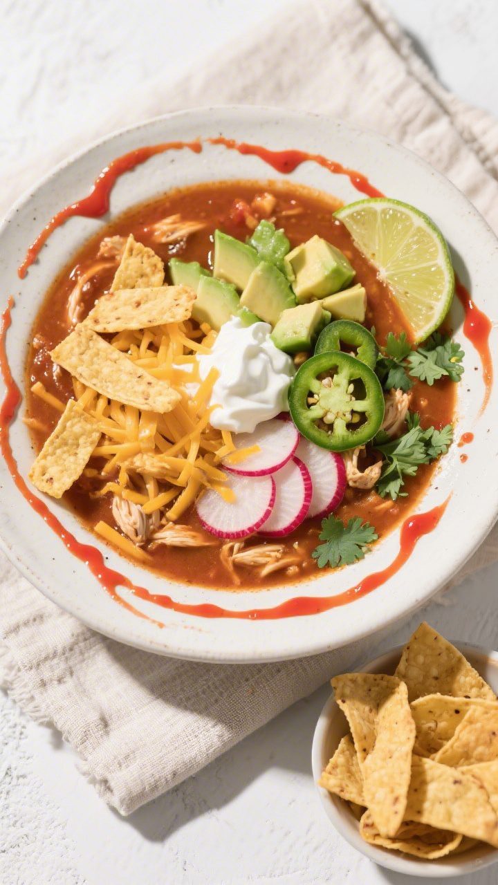 Tasty top view — garnishes and crunch: Overhead shot of a wide, shallow bowl filled with Slow Cook