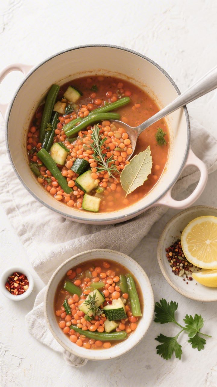 Tasty top view — overhead serving moment: Top-down shot of a family-style pot and two filled bowls