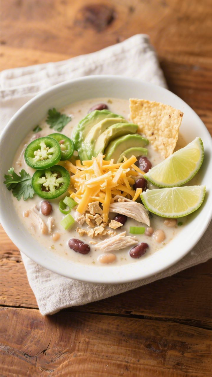 Tasty top view: Overhead shot of a cozy bowl of creamy white chicken chili, garnished with shredded