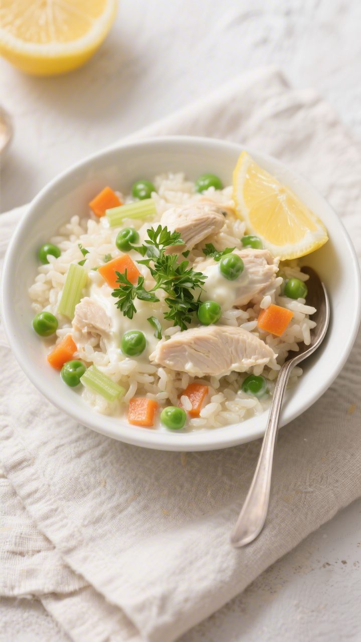 Tasty top view: Overhead shot of a cozy bowl of Creamy Chicken and Rice, garnished with freshly chop