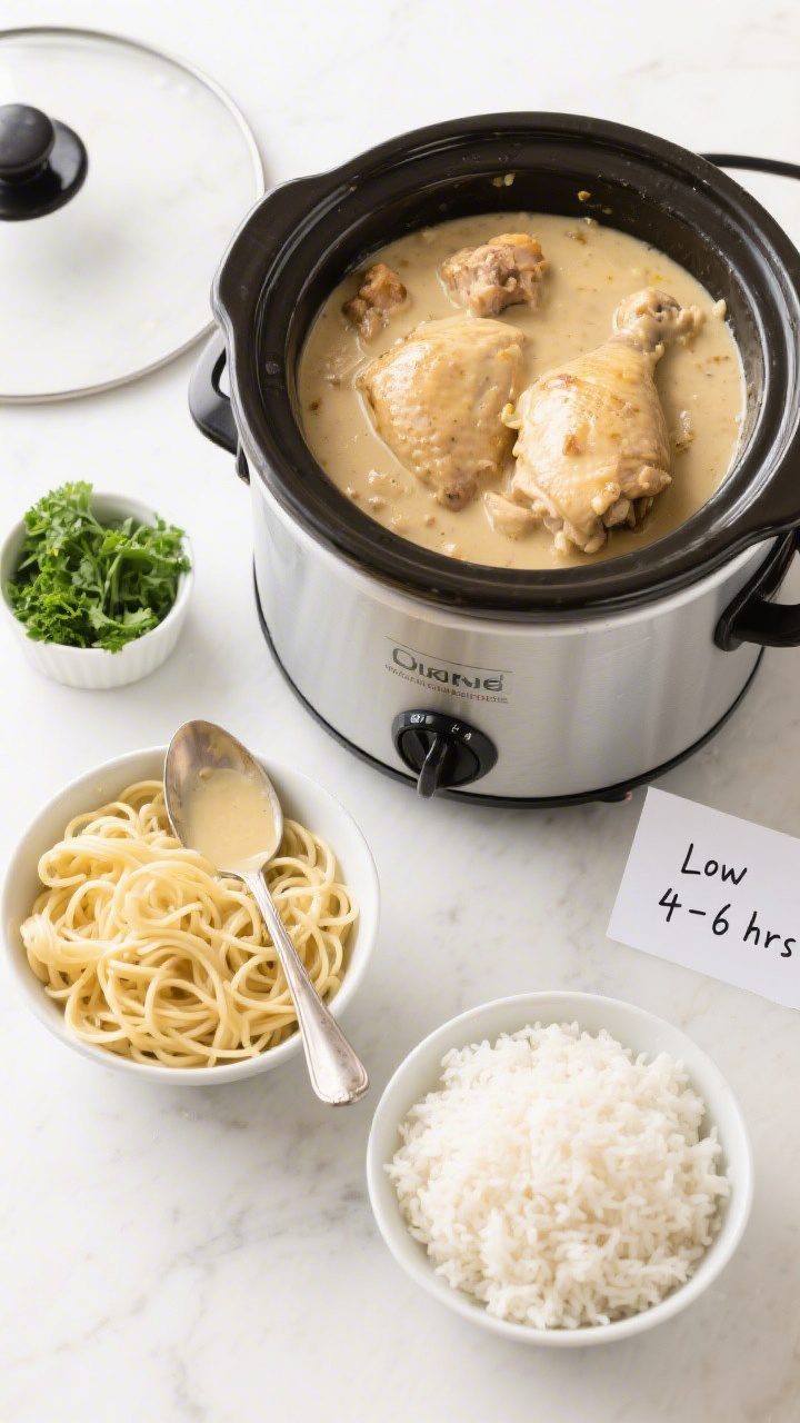 Tasty top view: Overhead shot of a family-style spread—crockpot of finished chicken and gravy on o