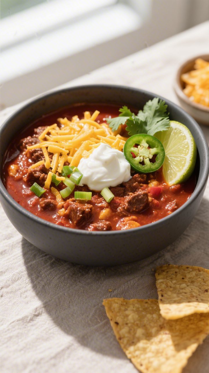 Tasty top view: Overhead shot of a finished bowl of Classic Beef Chili, richly red and thick, topped