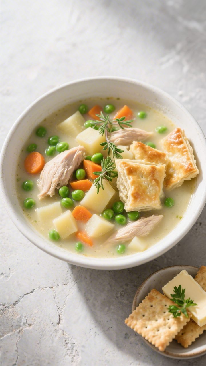 Tasty top view: Overhead shot of a generous bowl of Chicken Pot Pie Soup emphasizing vibrant pops of