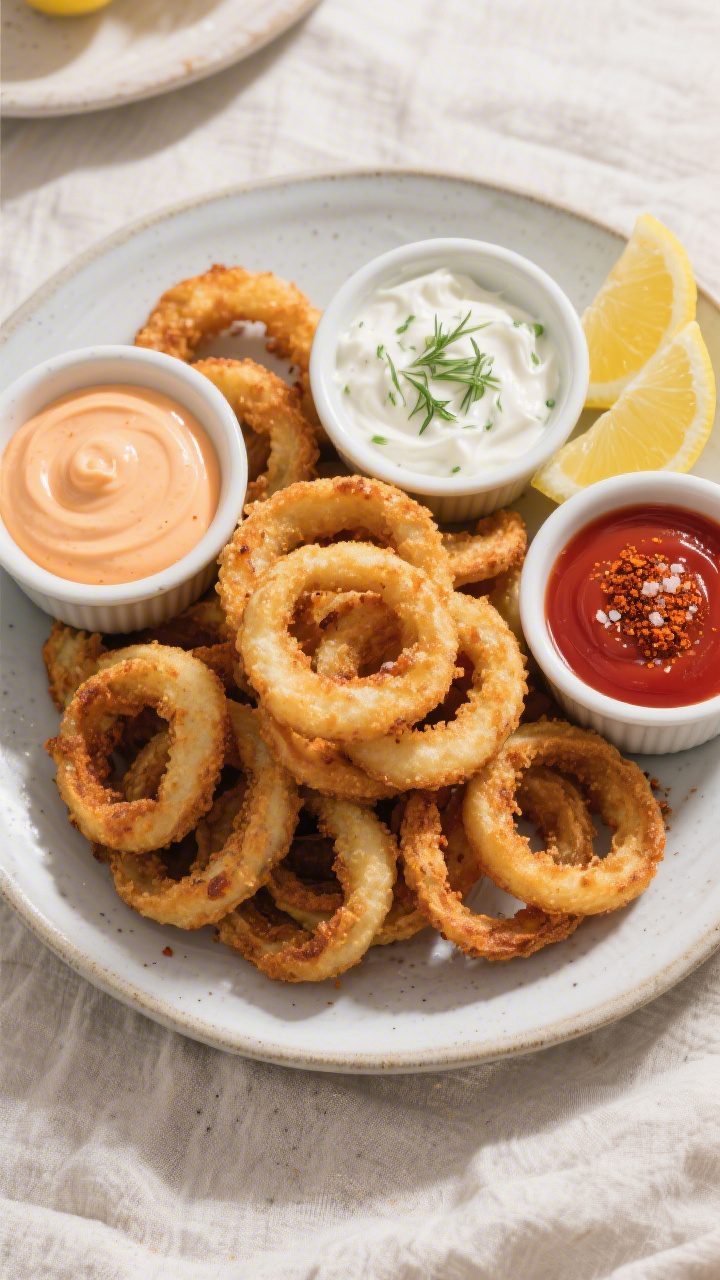 Tasty top view: Overhead shot of a heaping platter of oven-baked onion rings arranged in concentric