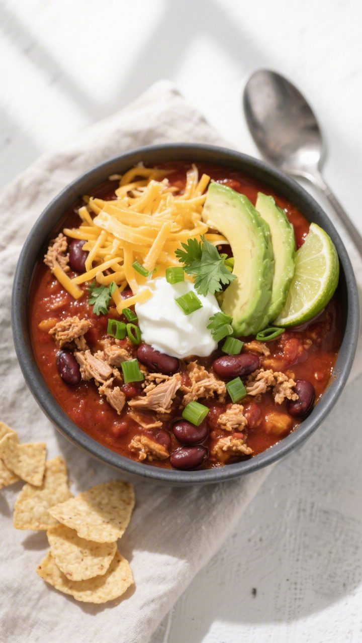 Tasty top view: Overhead shot of a hearty bowl of slow cooker turkey chili, deep red and velvety wit