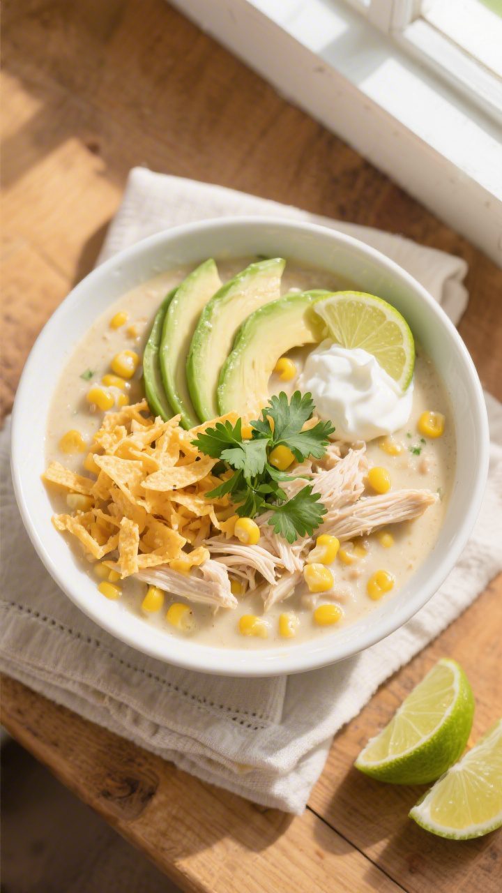 Tasty top view: Overhead shot of a hearty bowl of creamy white chicken chili, ultra-smooth and pale
