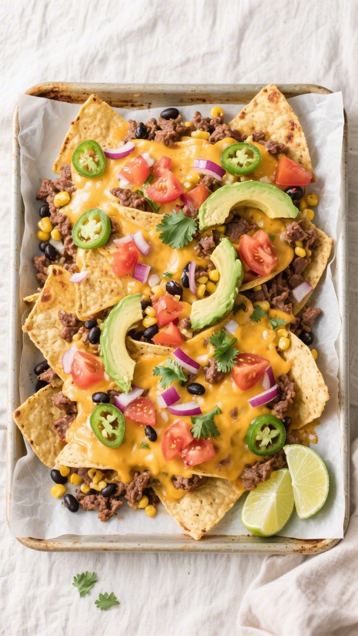 Tasty top view: Overhead shot of a just-baked sheet pan of loaded nachos, evenly layered sturdy tort