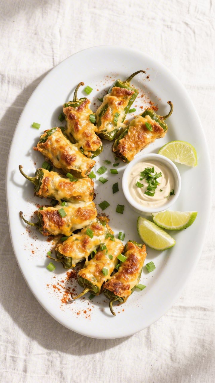Tasty top view: Overhead shot of a platter of oven-baked cheesy jalapeño poppers arranged in a loos