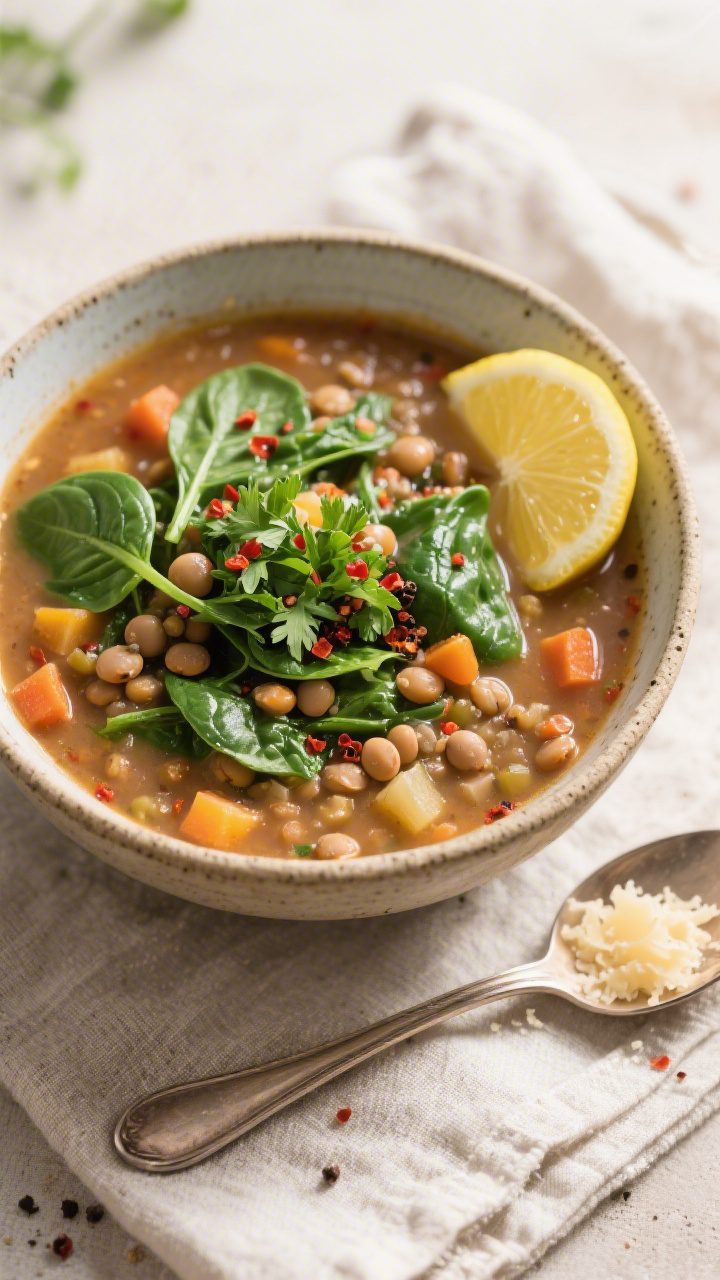 Tasty top view: Overhead shot of a rustic bowl filled with the finished lentil vegetable soup, stirr