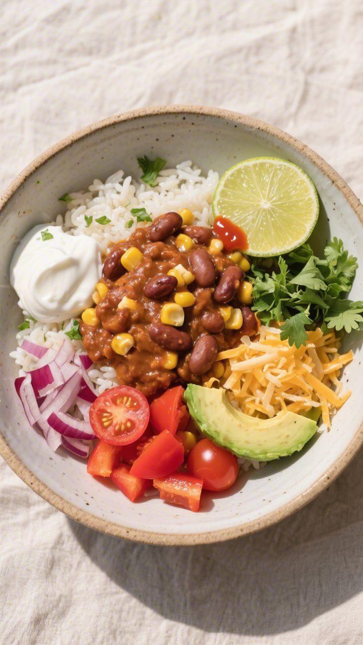 Tasty top view: Overhead shot of assembled Canned Bean and Rice Burrito Bowl—fluffy white or brown
