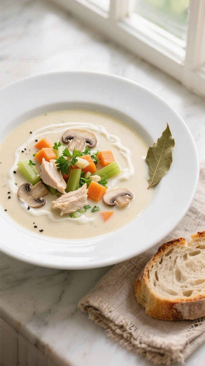 Tasty top view: Overhead shot of creamy chicken and mushroom soup in a wide, shallow white bowl, sho
