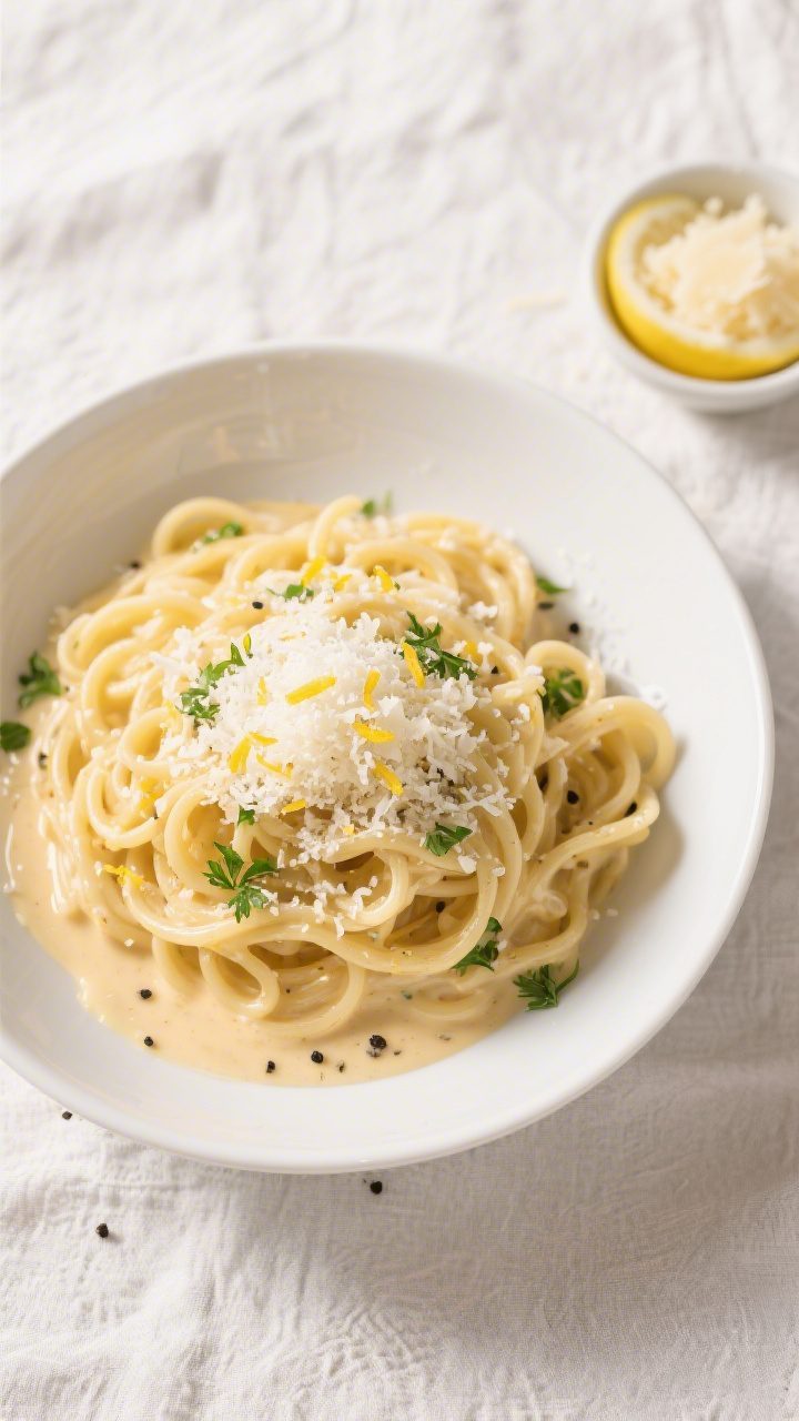 Tasty top view: Overhead shot of Creamy Pantry Pasta twirled into a shallow white bowl, sauce evenly