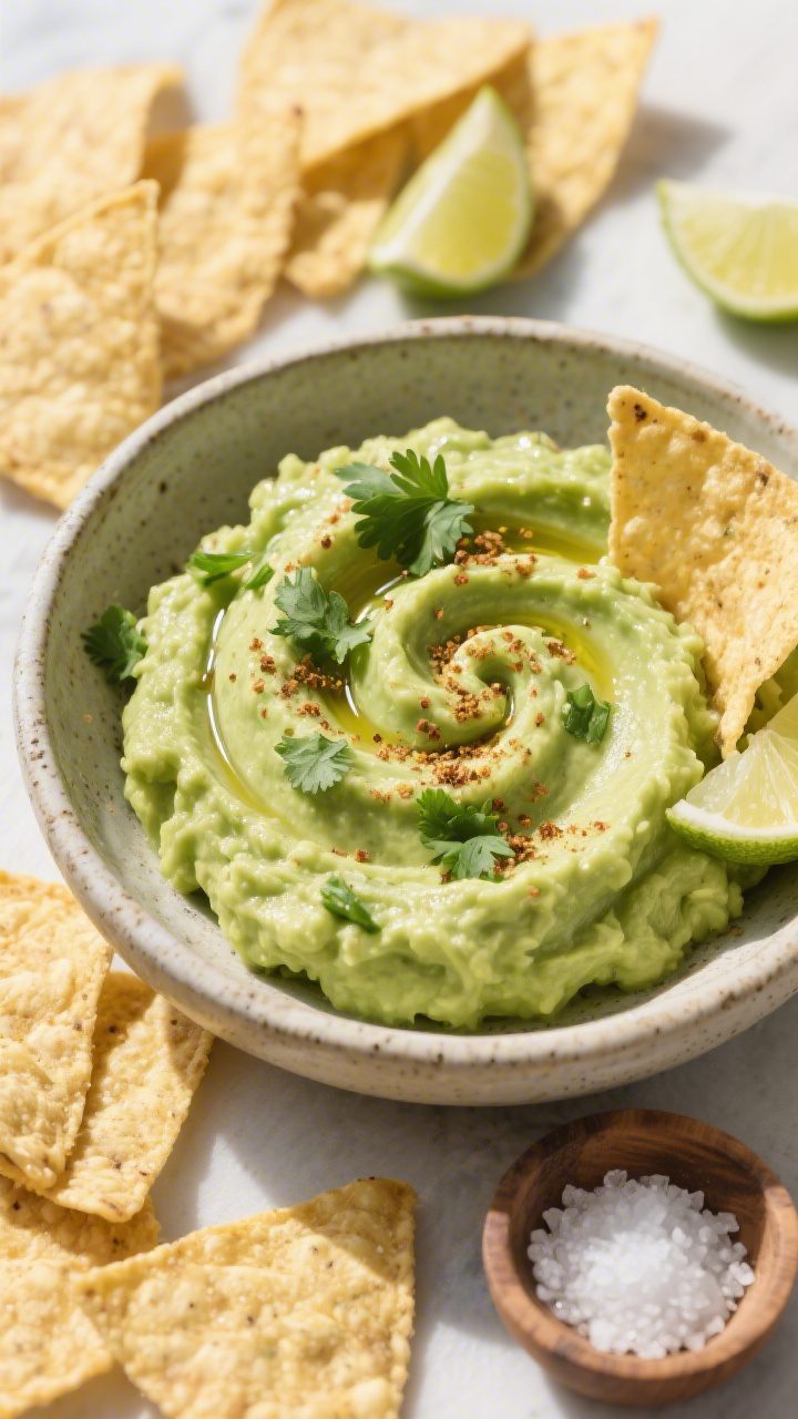 Tasty top view: Overhead shot of finished creamy guacamole in a low, wide stoneware bowl, surface sm