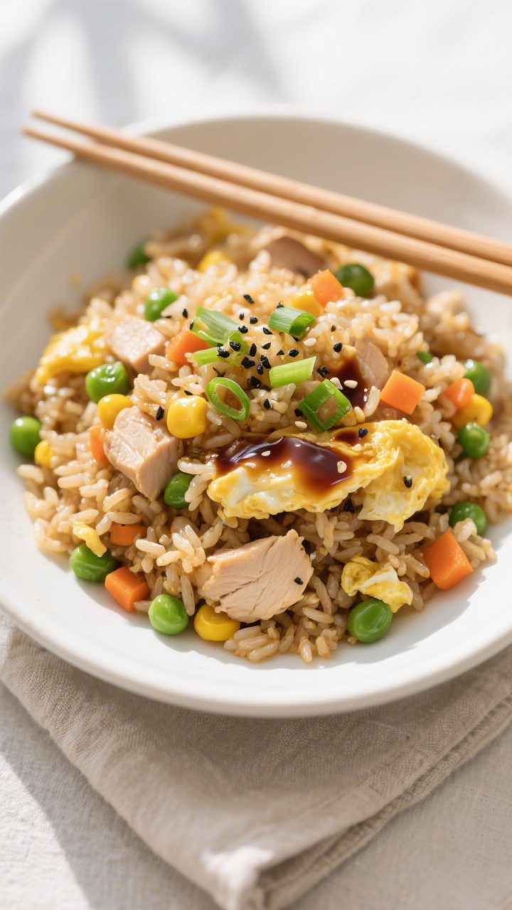 Tasty top view: Overhead shot of finished Pantry Chicken Fried Rice in a wide, matte white bowl, eve