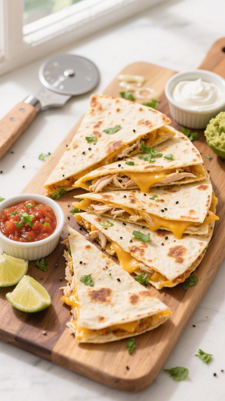 Tasty top view: Overhead shot of freshly cooked chicken quesadilla triangles arranged in a fan on a