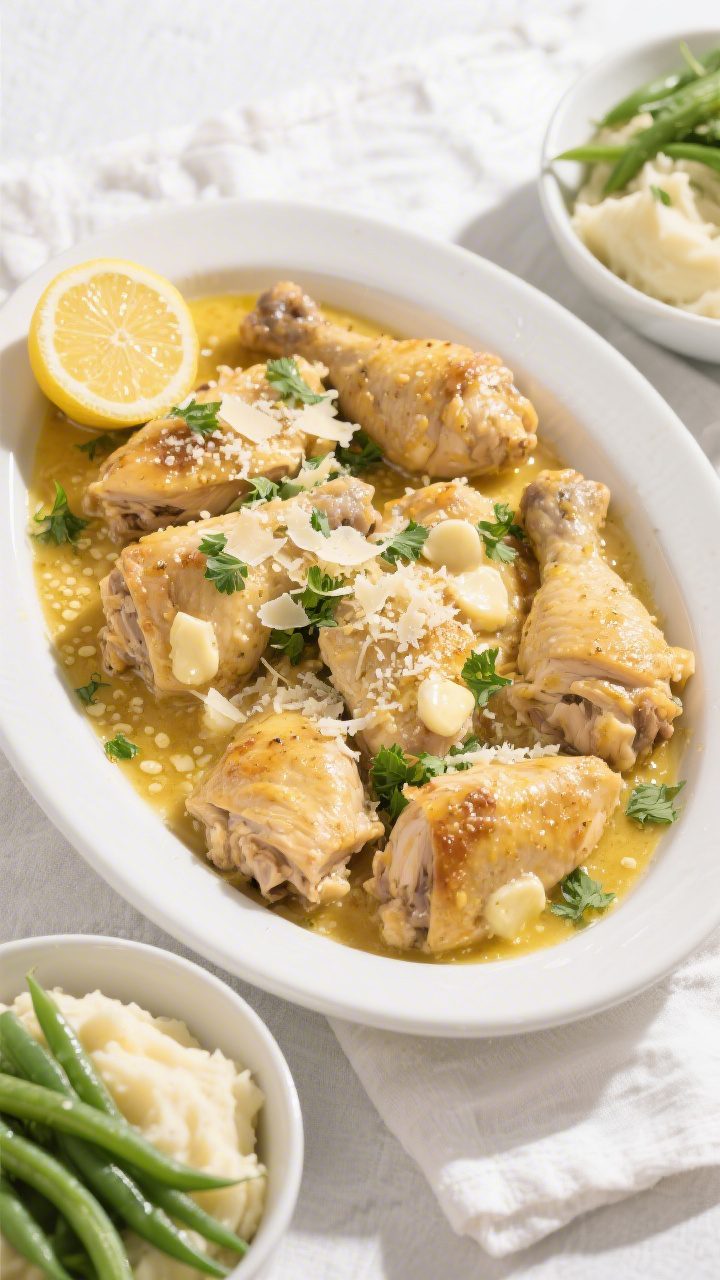Tasty top view: Overhead shot of garlic butter chicken served family-style in a wide, shallow white