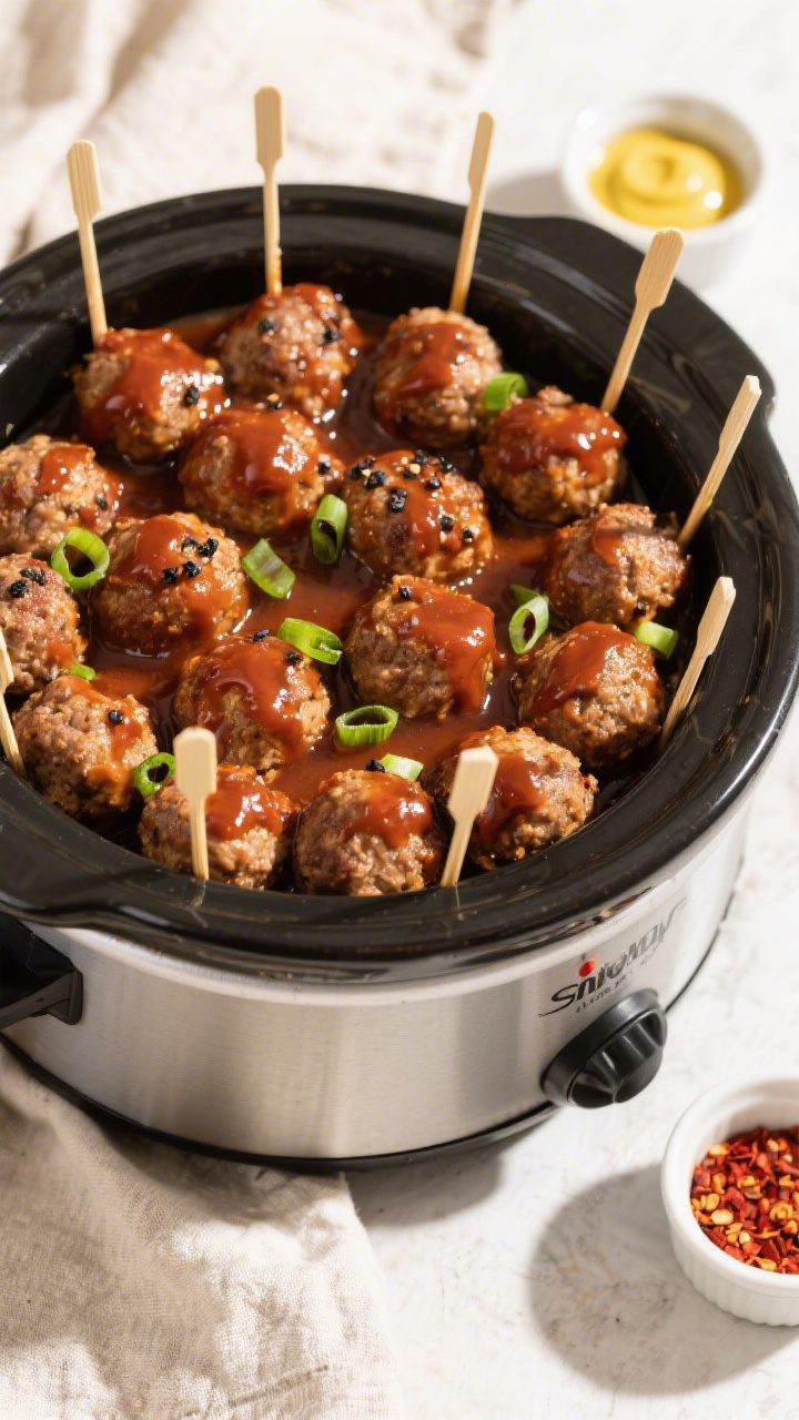Tasty top view: Overhead shot of party-style presentation—meatballs nestled in a small slow cooker