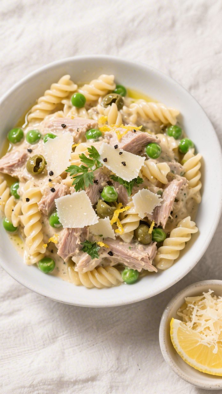 Tasty top view: Overhead shot of short pasta (fusilli) tossed in a creamy tuna sauce, evenly coated