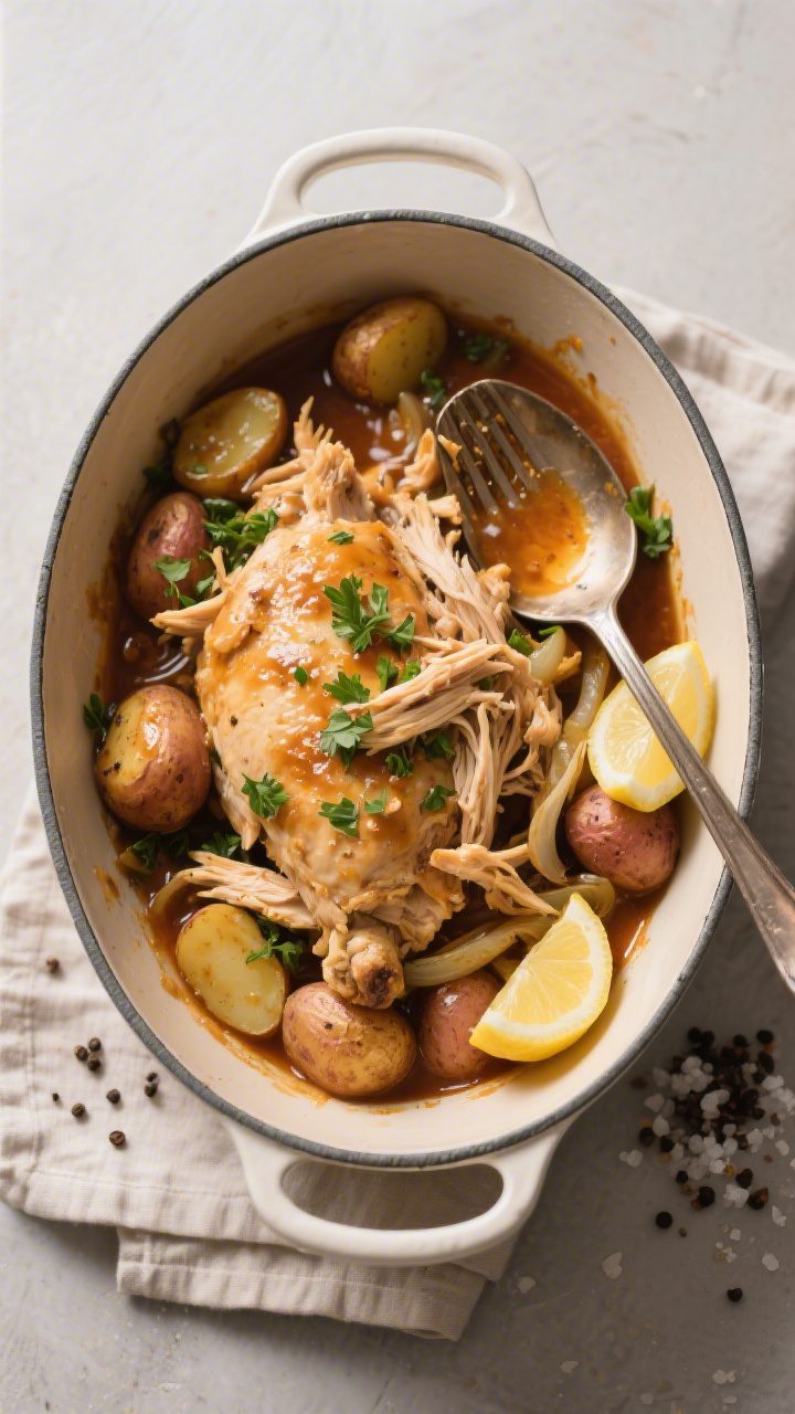 Tasty top view: Overhead shot of shredded crockpot chicken spooned over fork-tender baby potatoes an