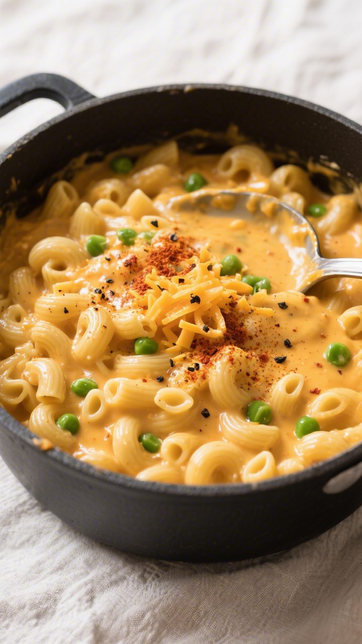 Tasty top view: Overhead shot of stovetop mac and cheese just combined in the pot—al dente elbow p