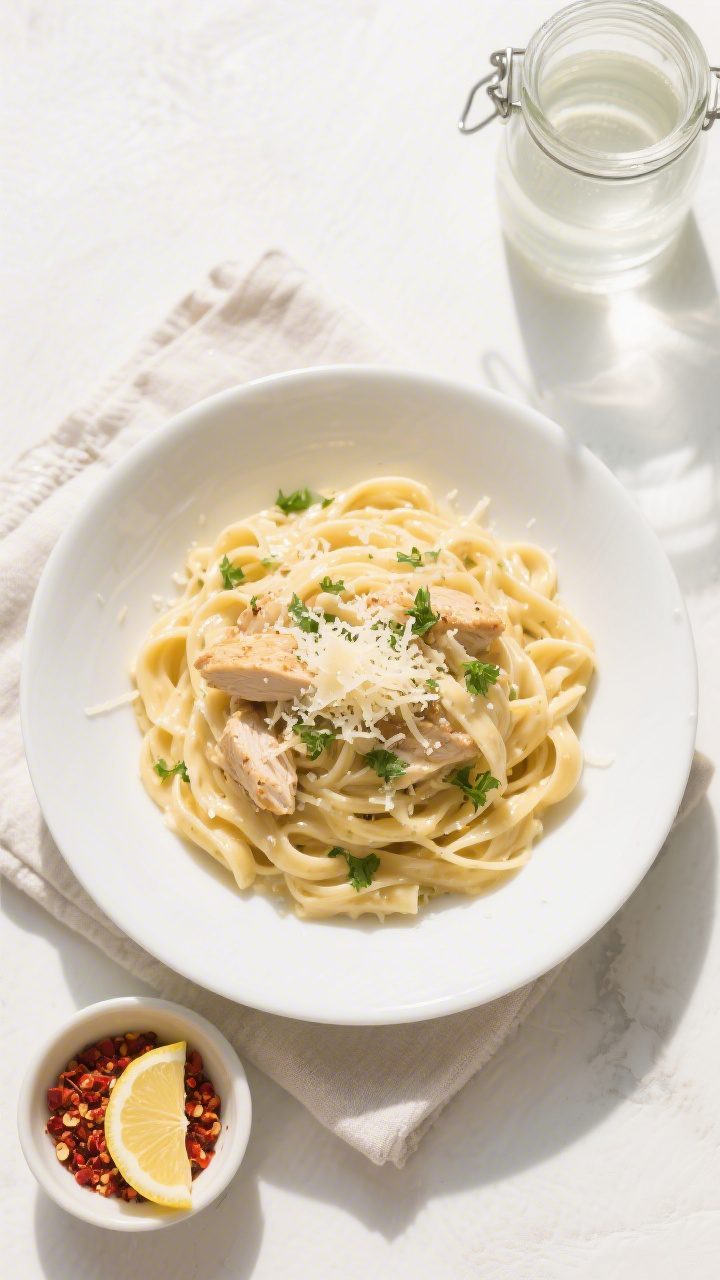 Tasty top view: Overhead shot of the finished Canned Chicken Alfredo plated in a wide white bowl—t