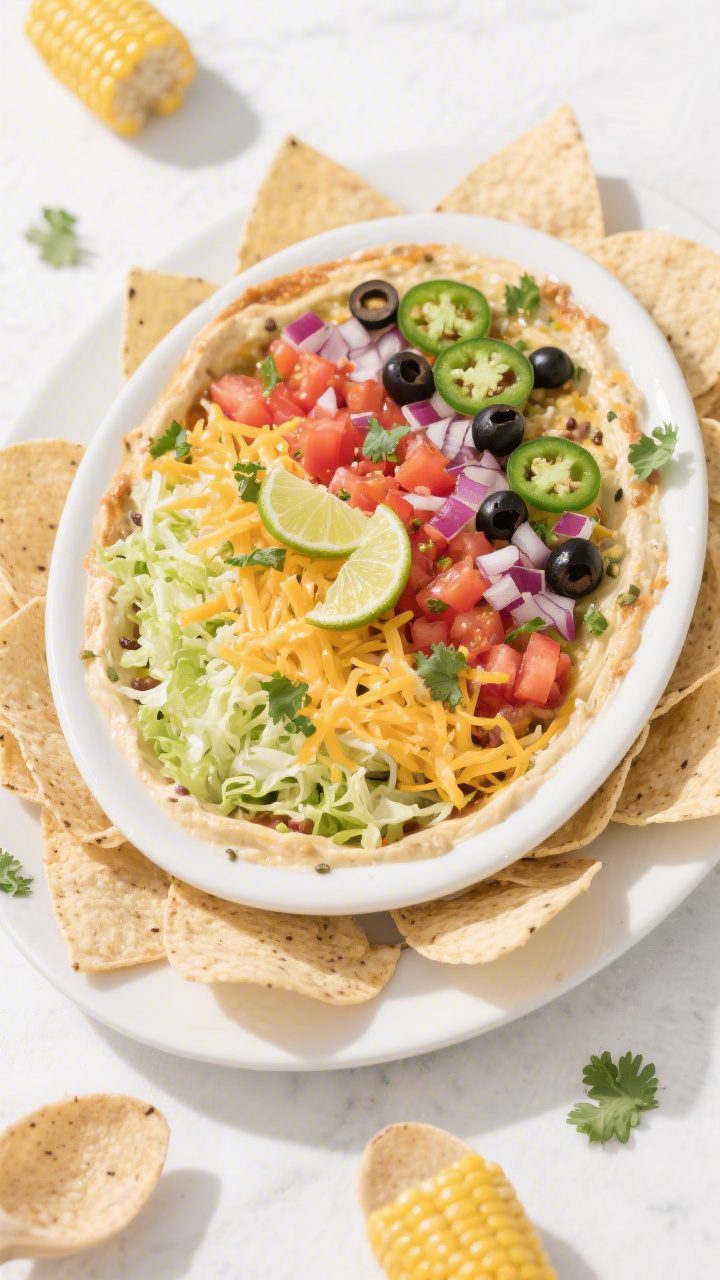 Tasty top view: Overhead shot of the fully assembled Easy Taco Dip on a large shallow white platter,
