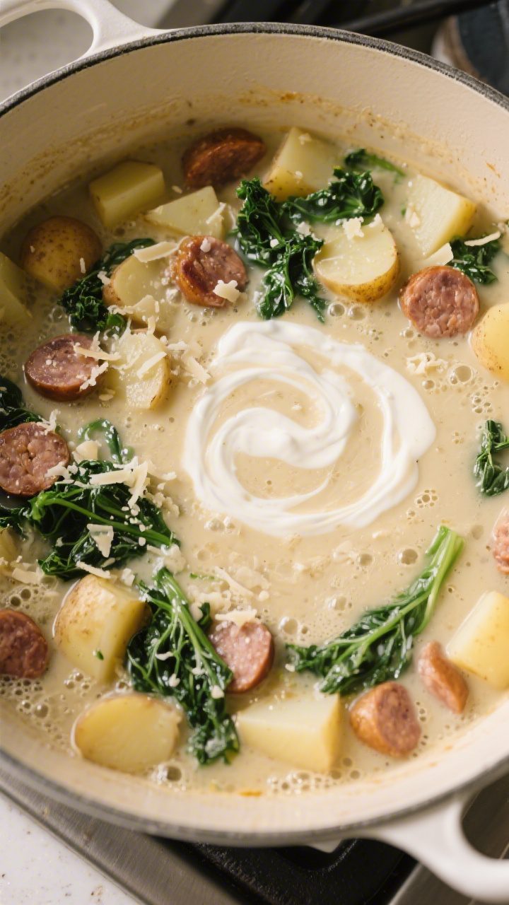 Tasty top view, overhead: Simmering creamy sausage and potato soup in a large pot, showing cubed Yuk
