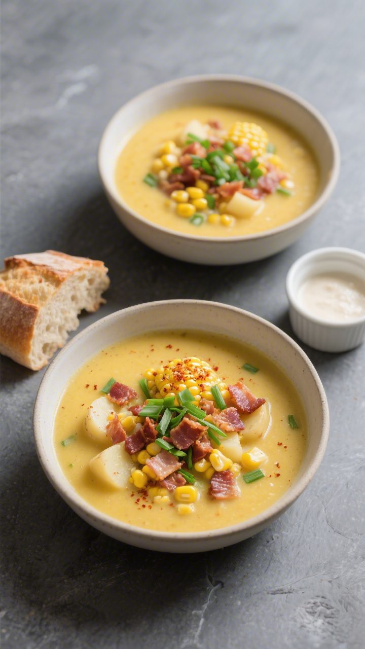Tasty top view, styled spread: Overhead shot of two neatly garnished bowls of corn chowder on a matt