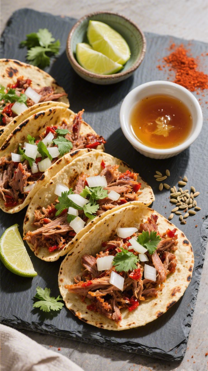Tasty top view taco spread: Overhead shot of Mexican-inspired pulled pork tacos—warm charred torti