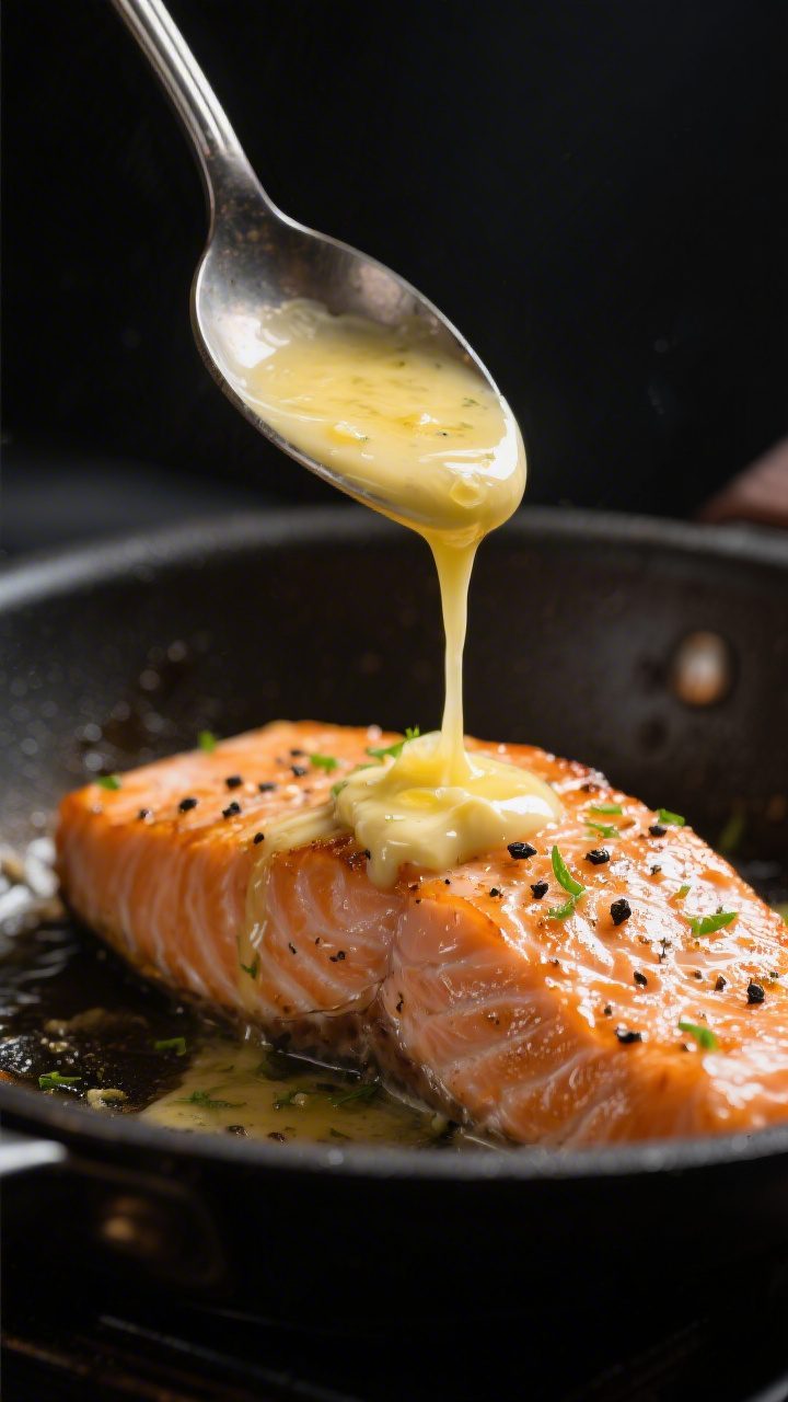 Close, moody angle of the resting-and-basting stage: salmon just out of the oven in the skillet at 4