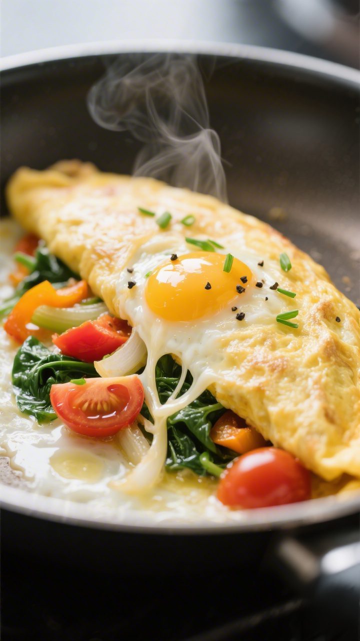 Close-up detail: A folded veggie omelet in the skillet mid-finish, eggs just set and glossy with gen