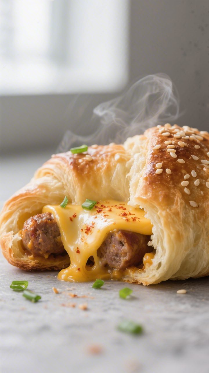 Close-up detail: A freshly baked sausage & cheese crescent roll torn open to reveal the creamy sausa
