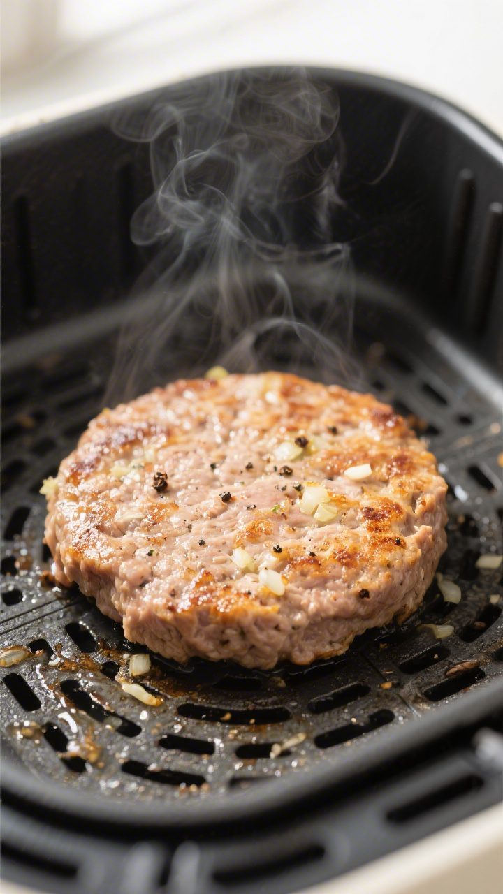 Close-up detail: A juicy air-fried turkey burger patty just flipped in the basket at 375°F, showing