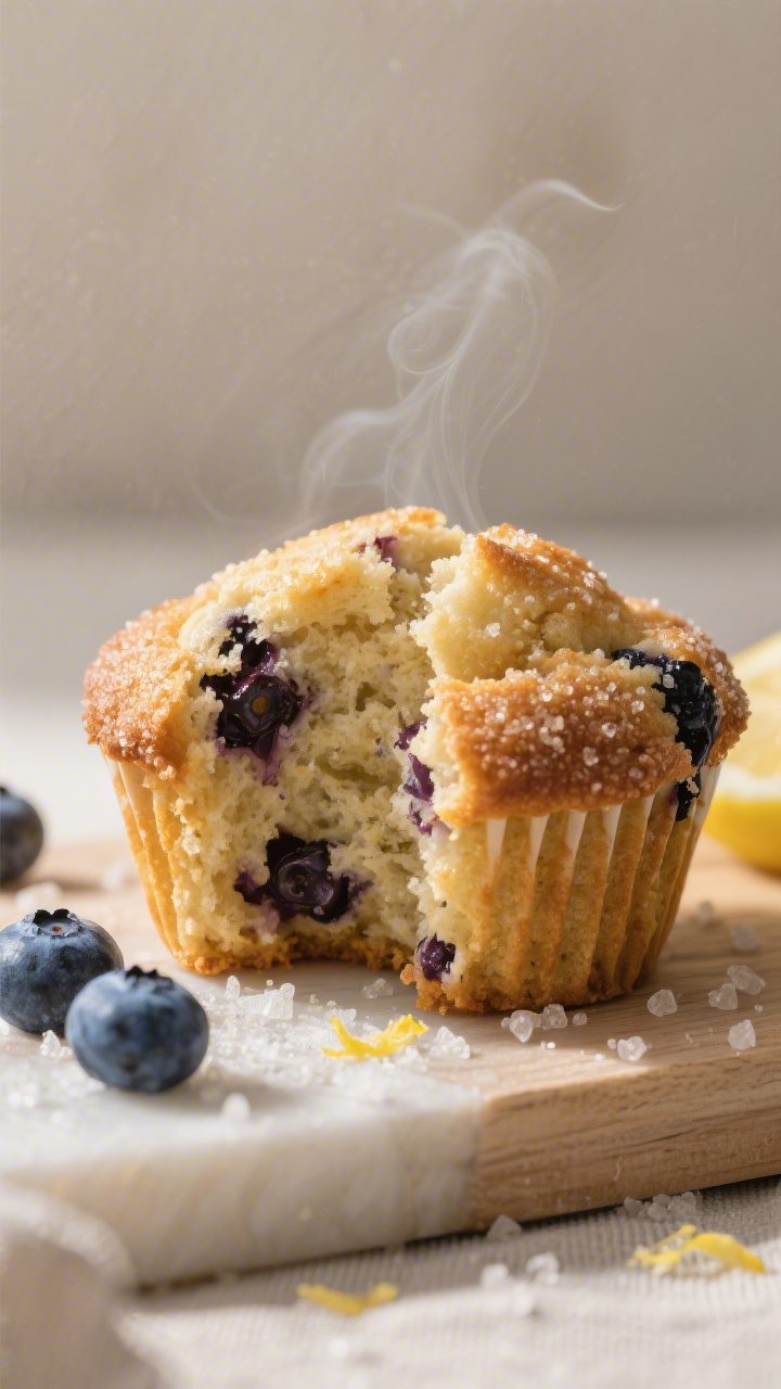 Close-up detail: A just-baked blueberry muffin torn open to reveal a moist, tender crumb studded wit