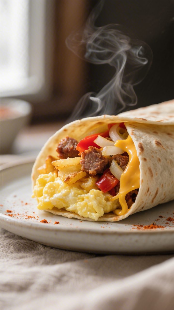 Close-up detail: A just-cut breakfast burrito cross-section on a warm tortilla, showing fluffy, glos