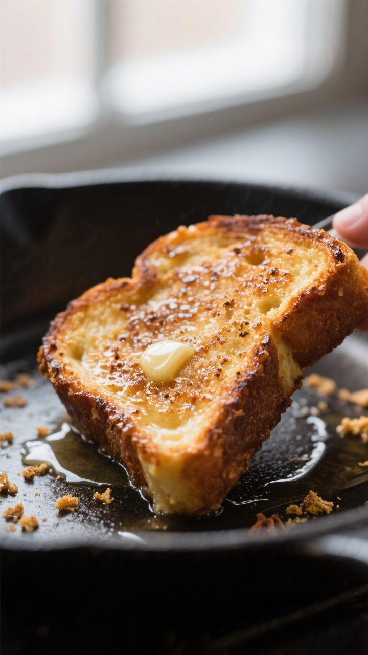 Close-up detail: A slice of French toast just lifted from a buttered skillet, edges deeply carameliz