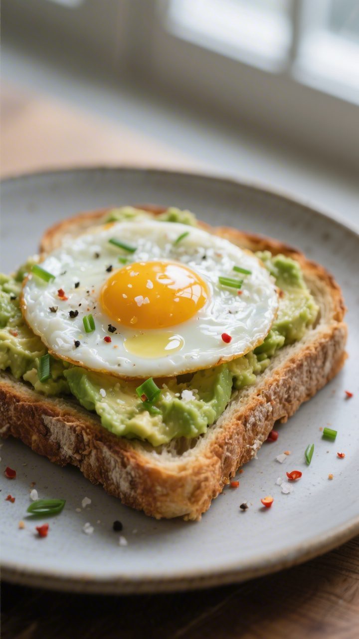 Close-up detail: A thick-cut sourdough toast topped with mashed avocado and a sunny-side-up egg, yol