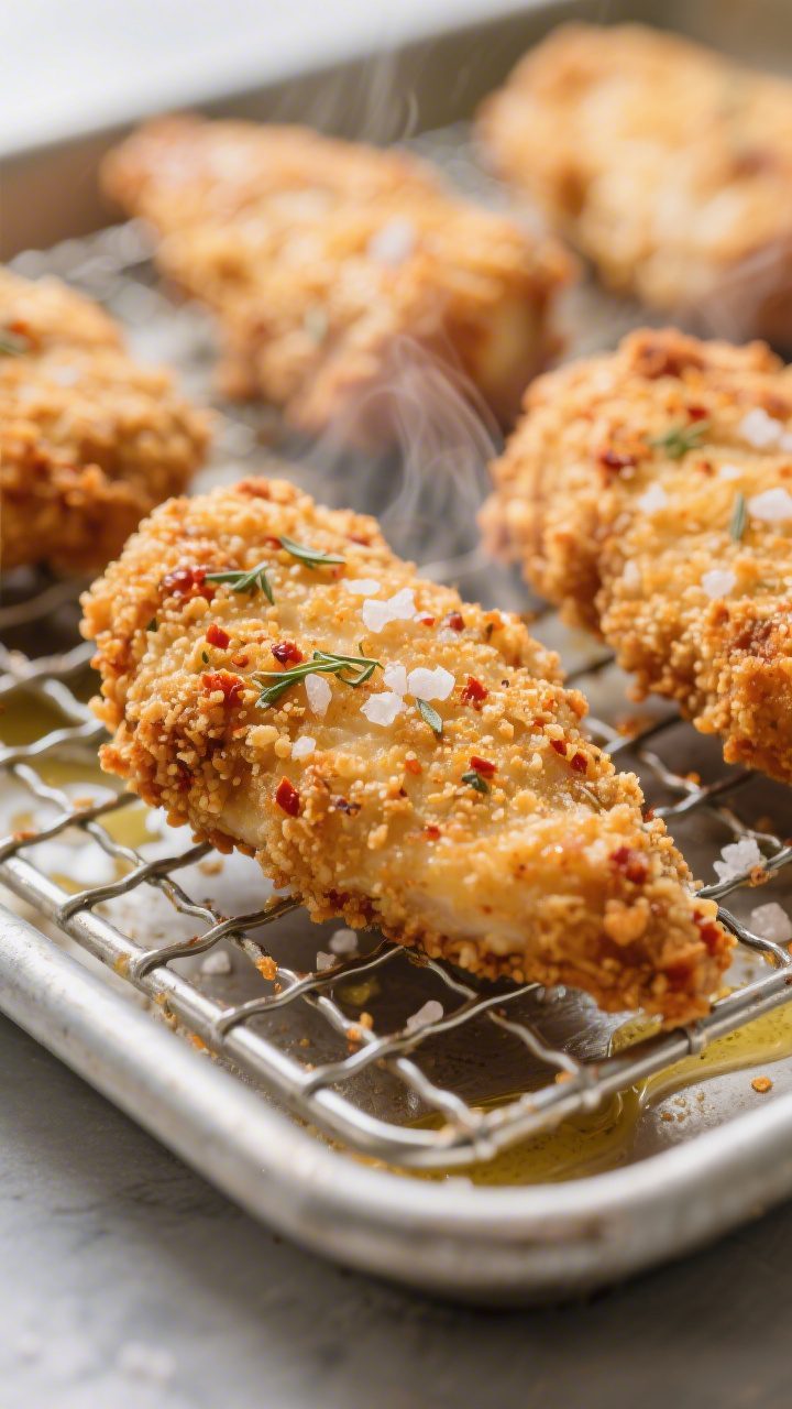 Close-up detail: A tight, shallow–depth-of-field shot of oven-baked chicken tenders just out of th